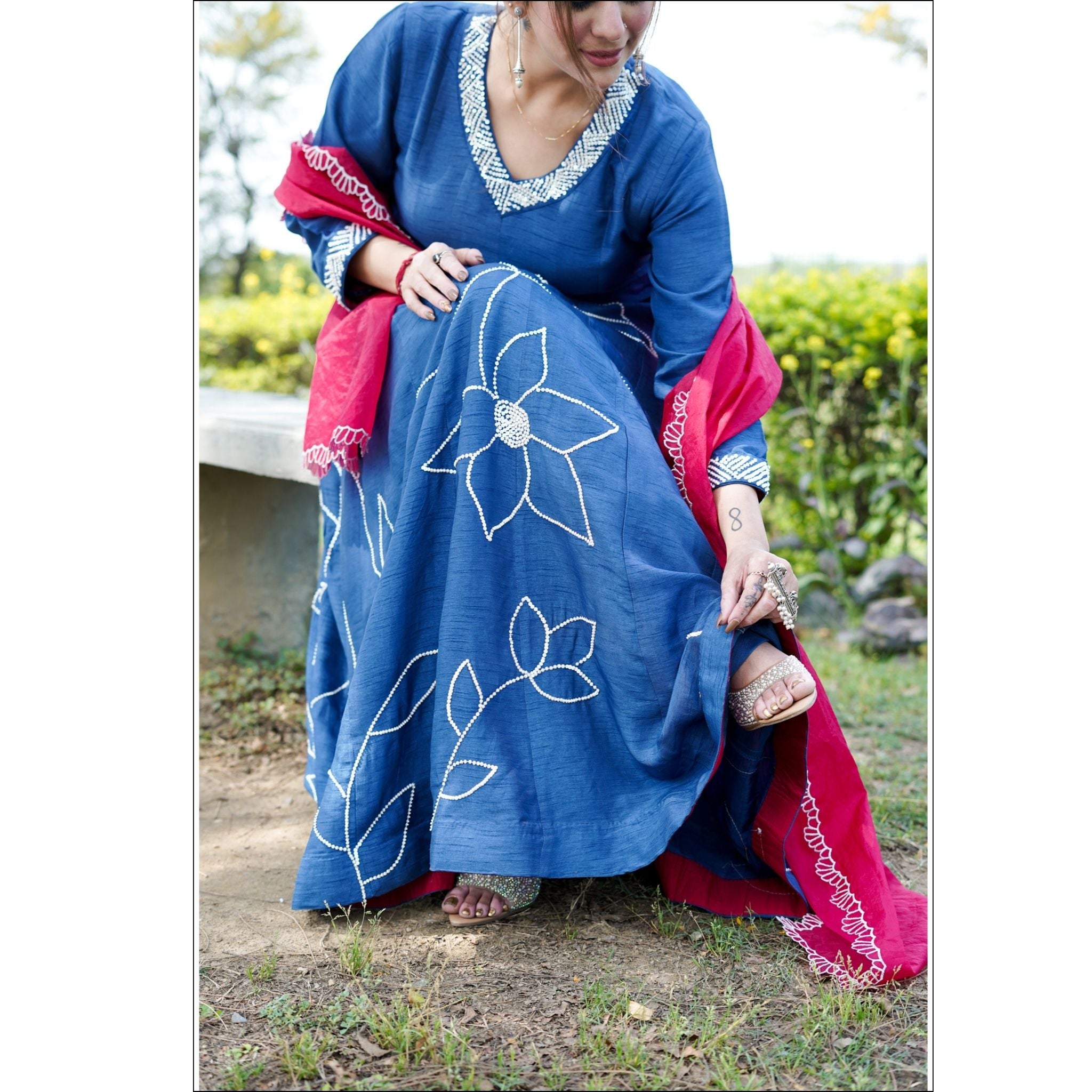 Blue Dupian Anarkali Suit with Organza Dupatta & Hand Embroidery