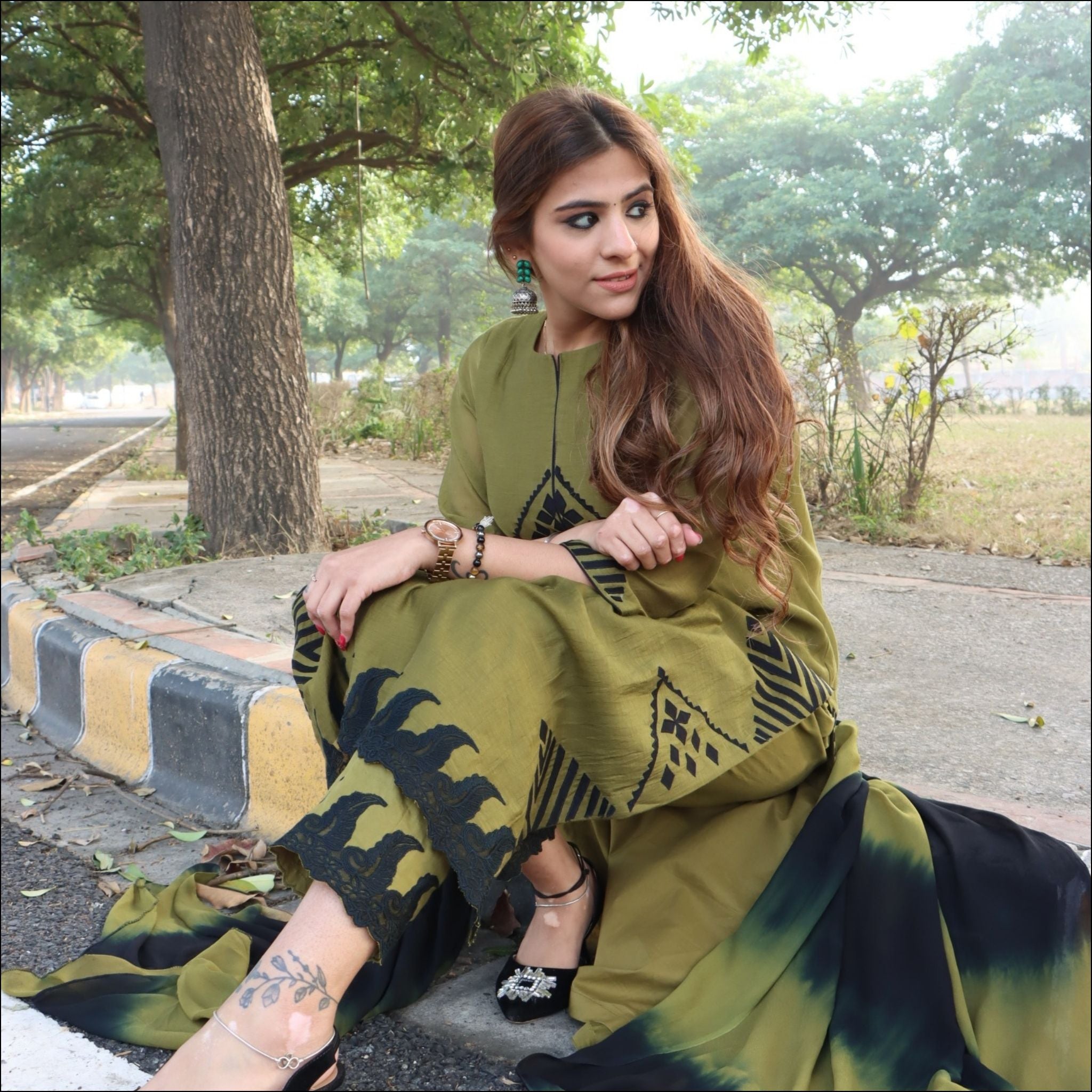 Mehendi Green Malai Cotton Suit with Applique Work & Shaded Dupatta