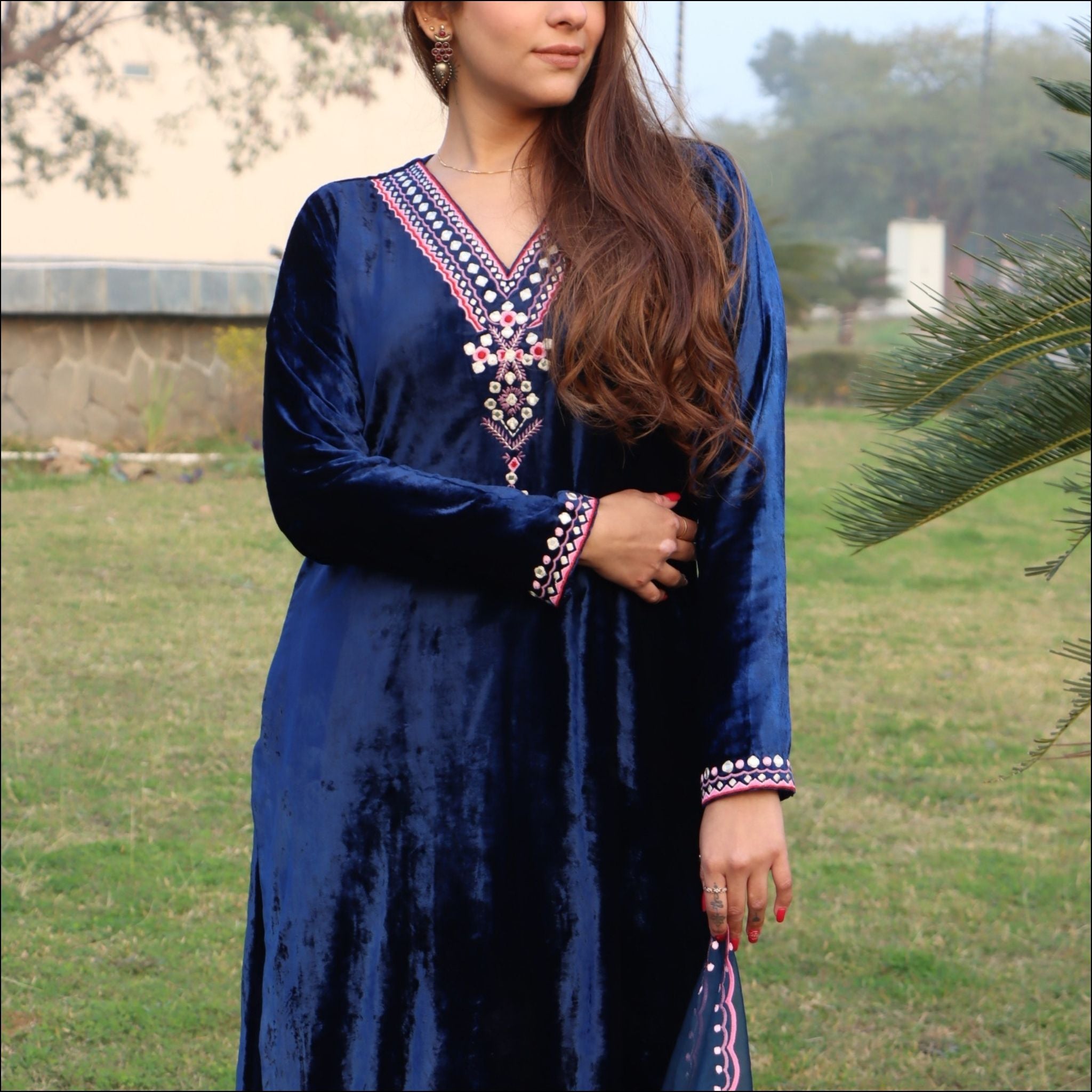 Blue Velvet Kurti Pant Set with Embroidered Organza Dupatta