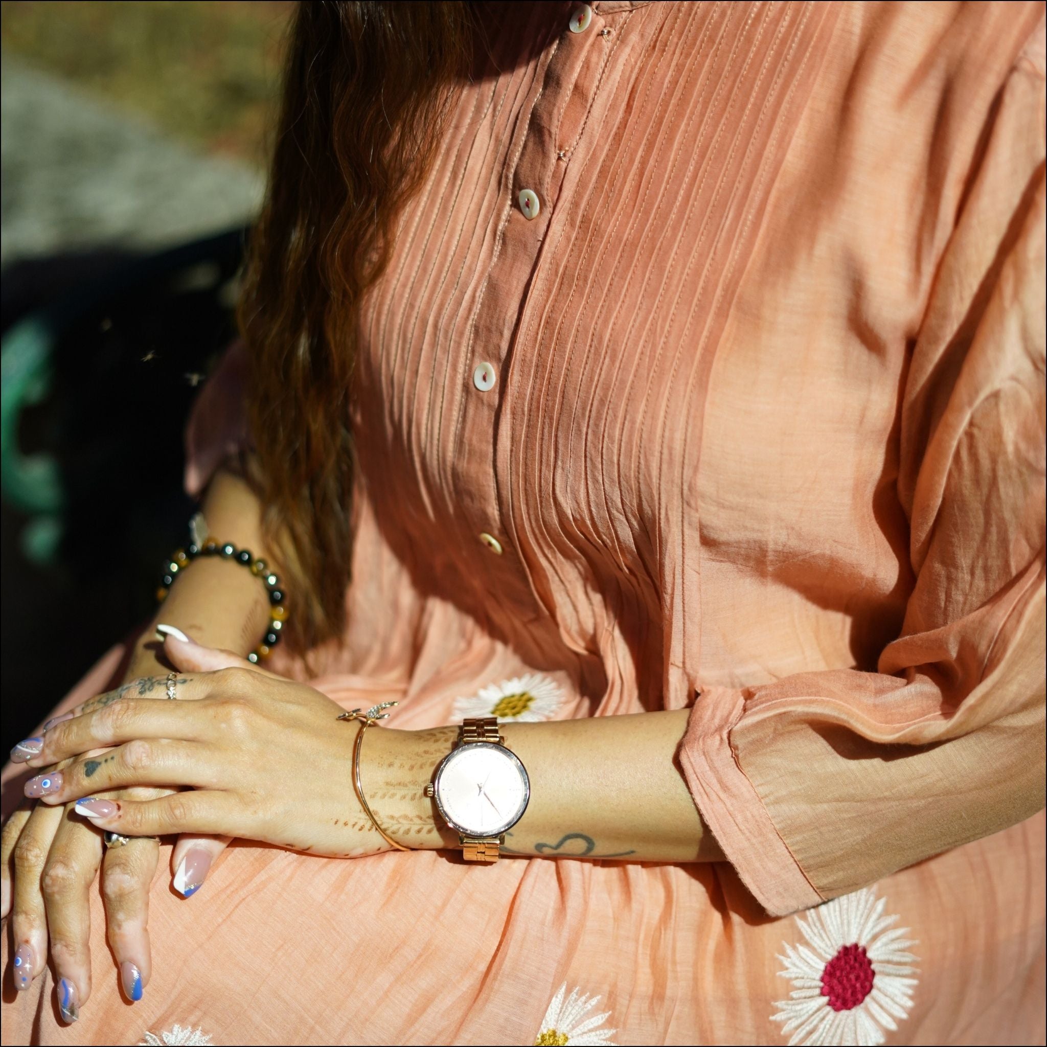 Peach Mul Cotton Pleated Kurti with Puff Sleeves & Cotton Pants
