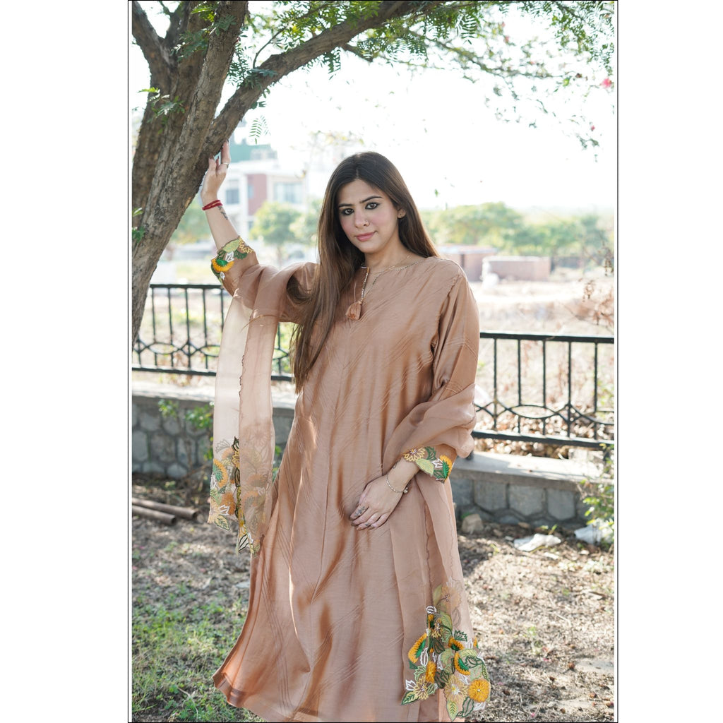 Muted Beige Chanderi Suit Set with Printex, Floral Embroidery & Organza Dupatta