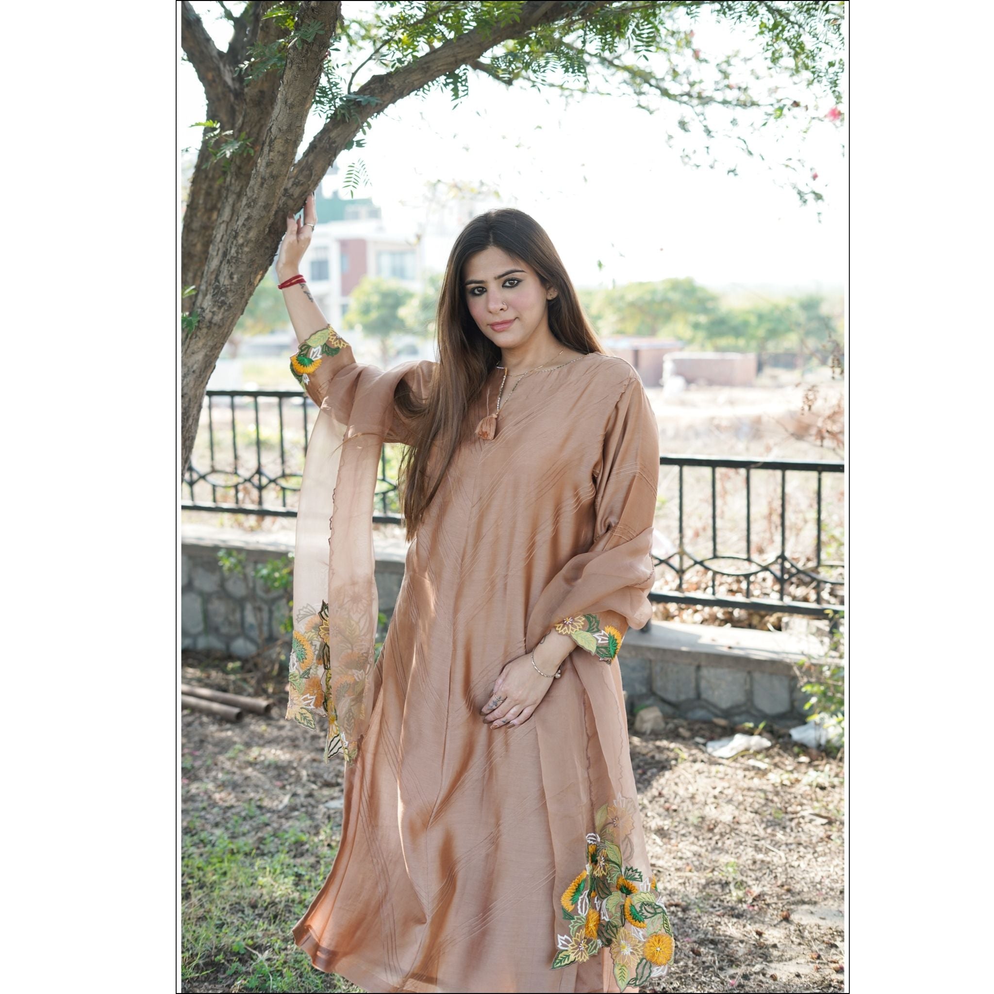 Muted Beige Chanderi Suit Set with Printex, Floral Embroidery & Organza Dupatta