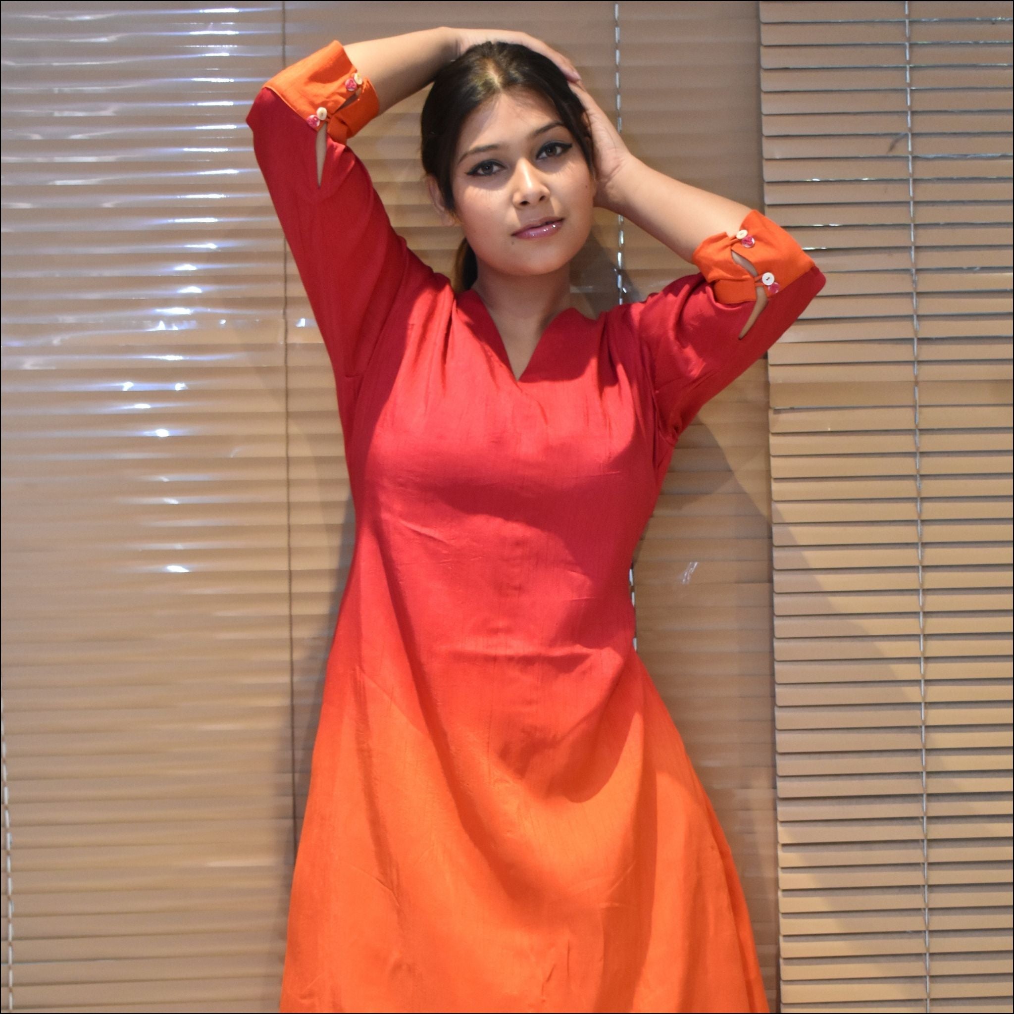 Ombre V-Neck Dress with Belt & Stylish Button Detailing