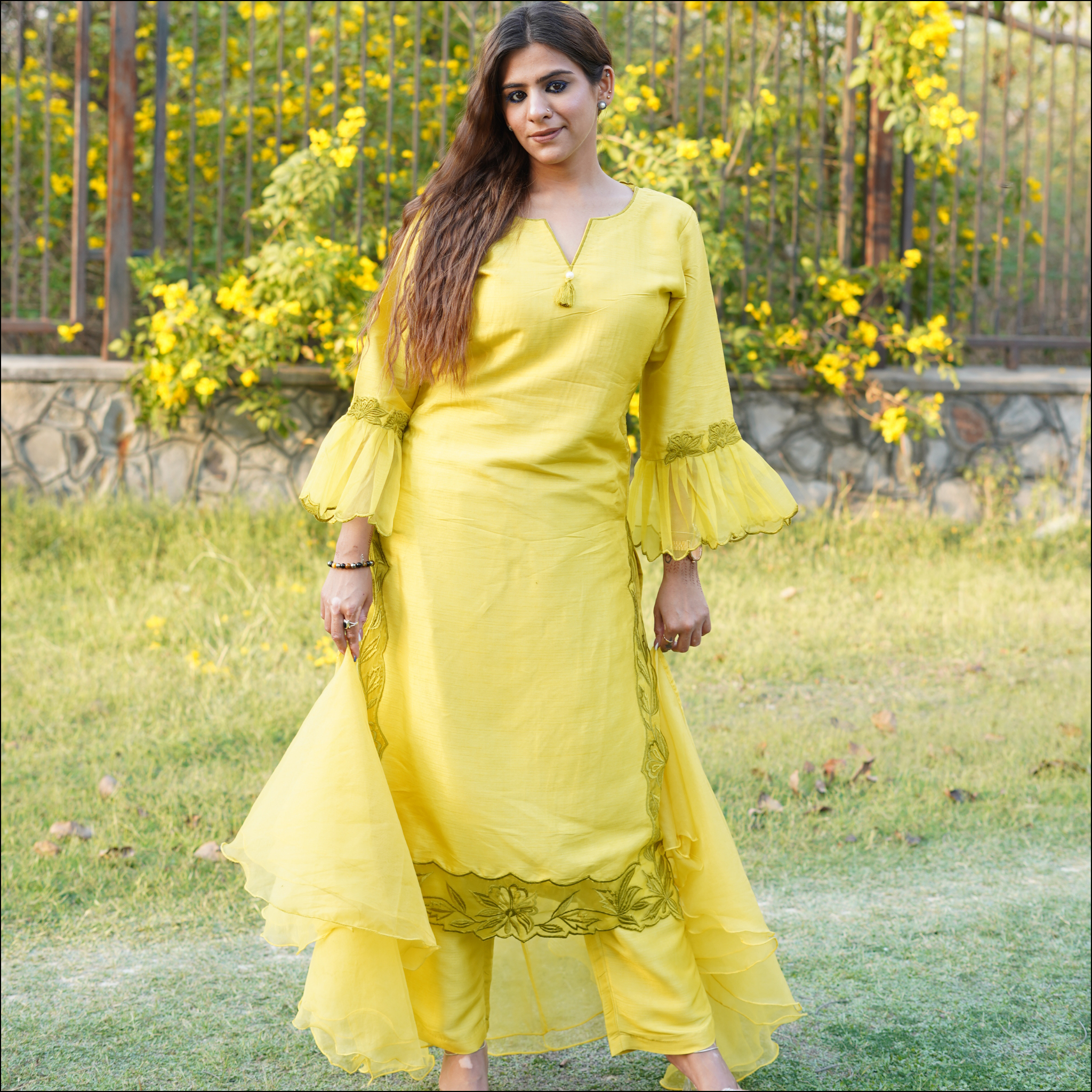 Dupion Silk Suit Set with Embroidered Organza & Ruffled Dupatta