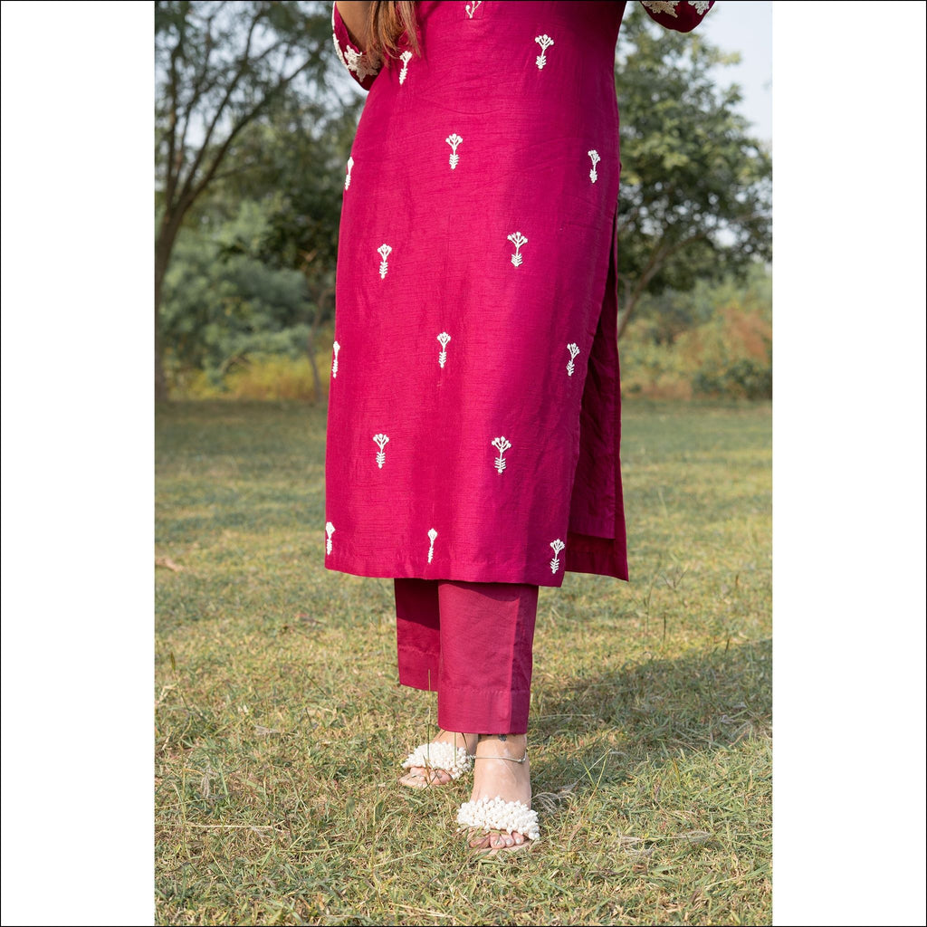 Magenta Dupian Silk Suit with Pearl Handwork & Embroidered Dupatta