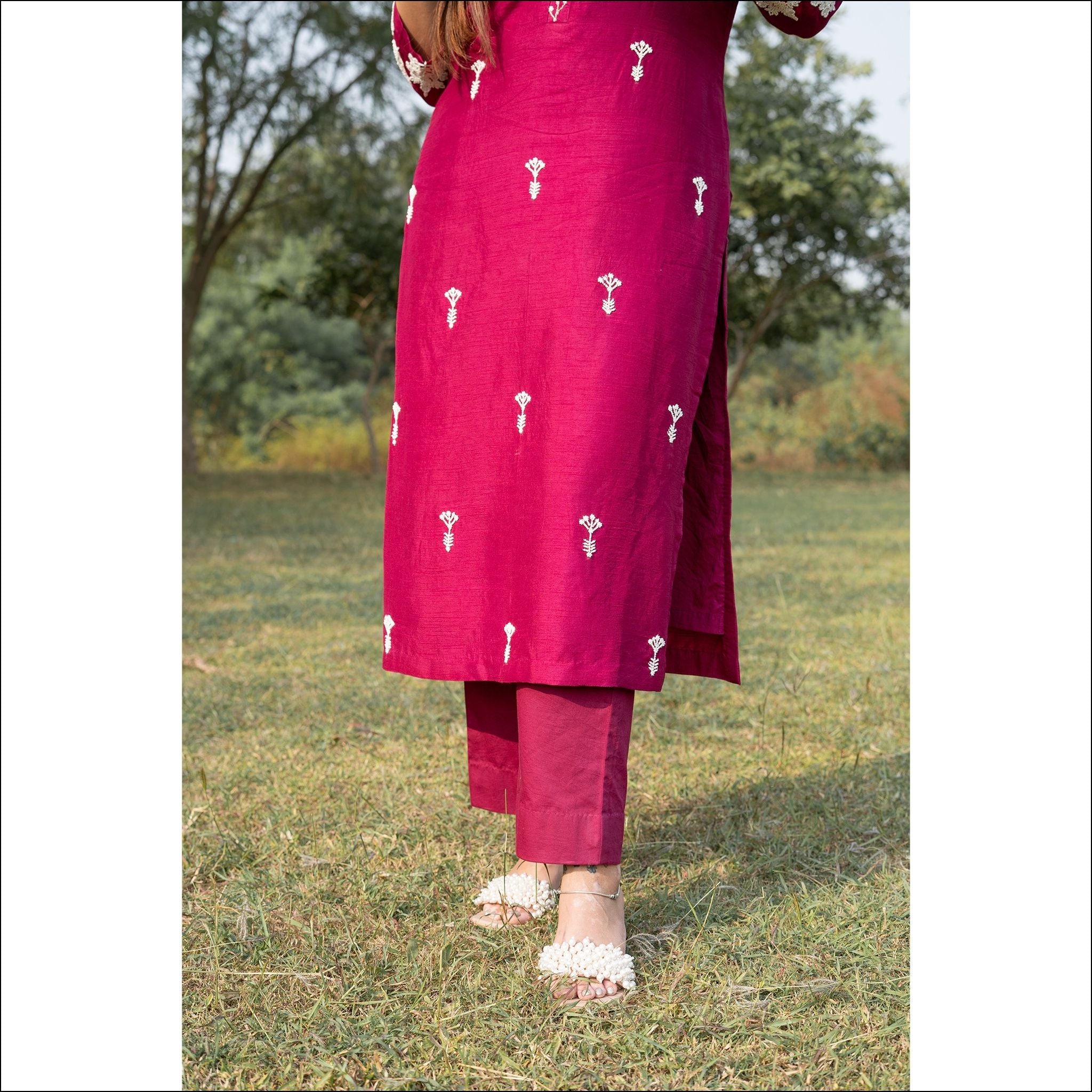 Magenta Dupian Silk Suit with Pearl Handwork & Embroidered Dupatta