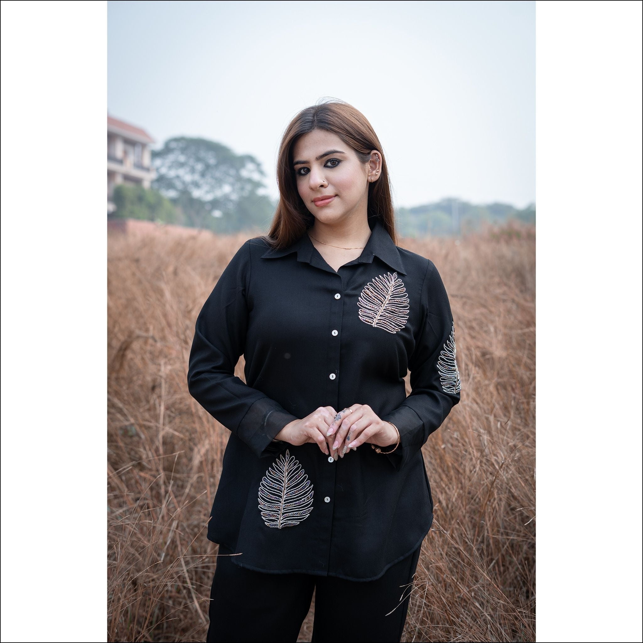 Black Spun Co-ord Set with Dori Leaf Work & Organza Sleeve Detail