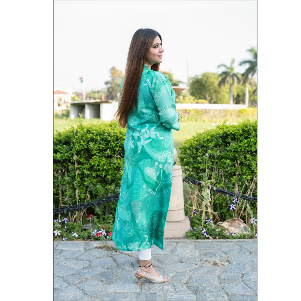 Mint Green Muslin Kurti with Botanical Print & V-Neck