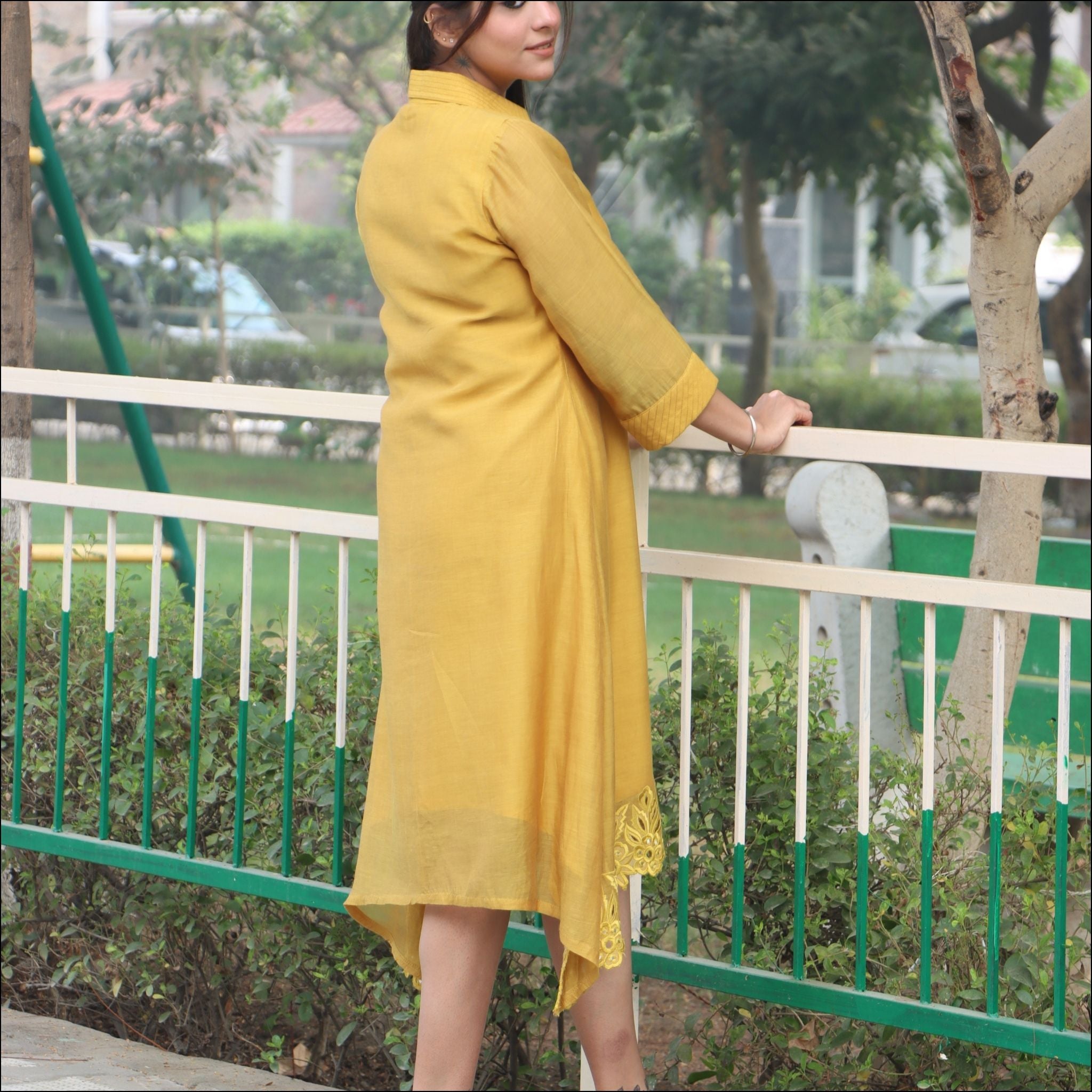 Mustard C Cut Mul Cotton Dress with Collar & Mirror Work