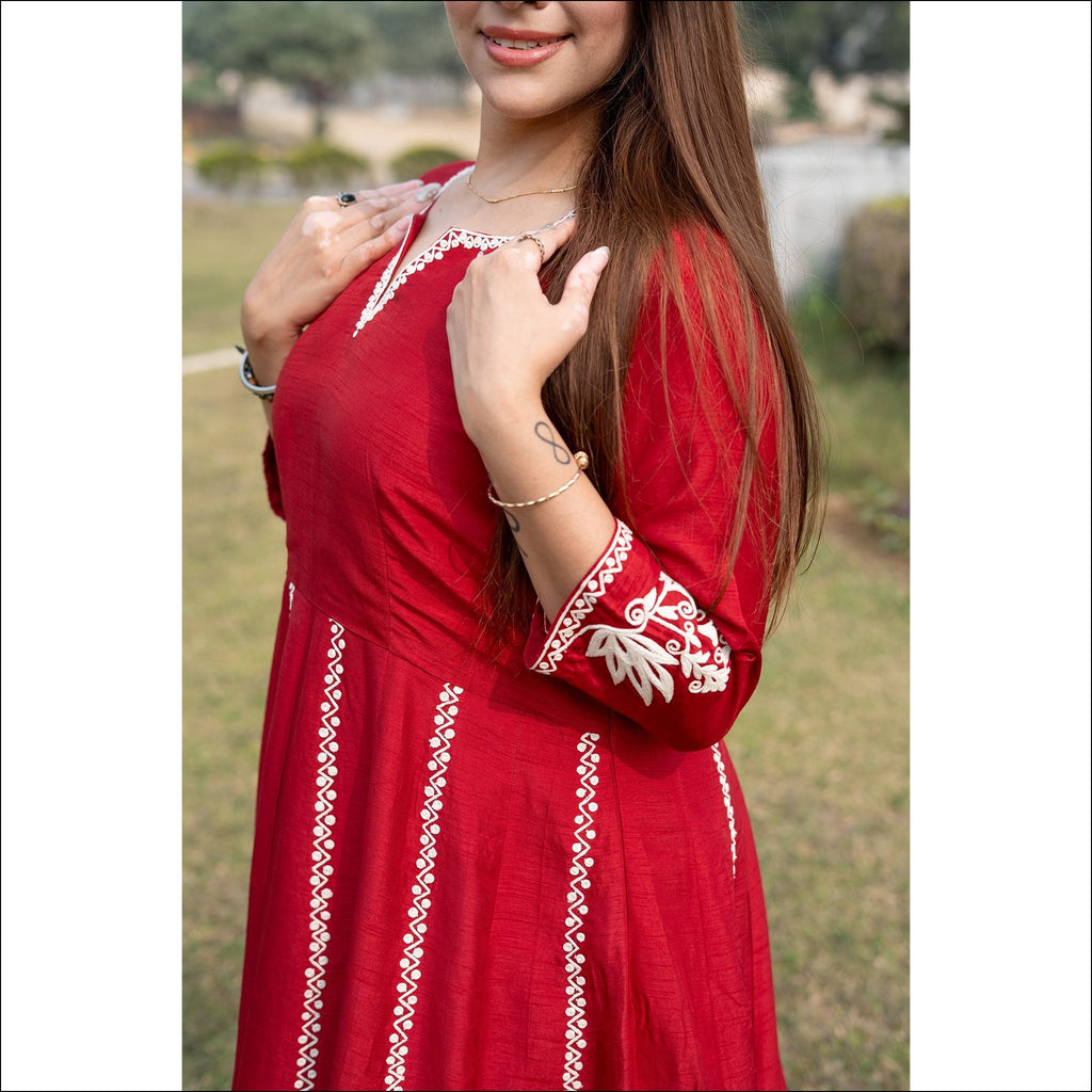 Red Silk Anarkali with Dori Work & Organza Dupatta