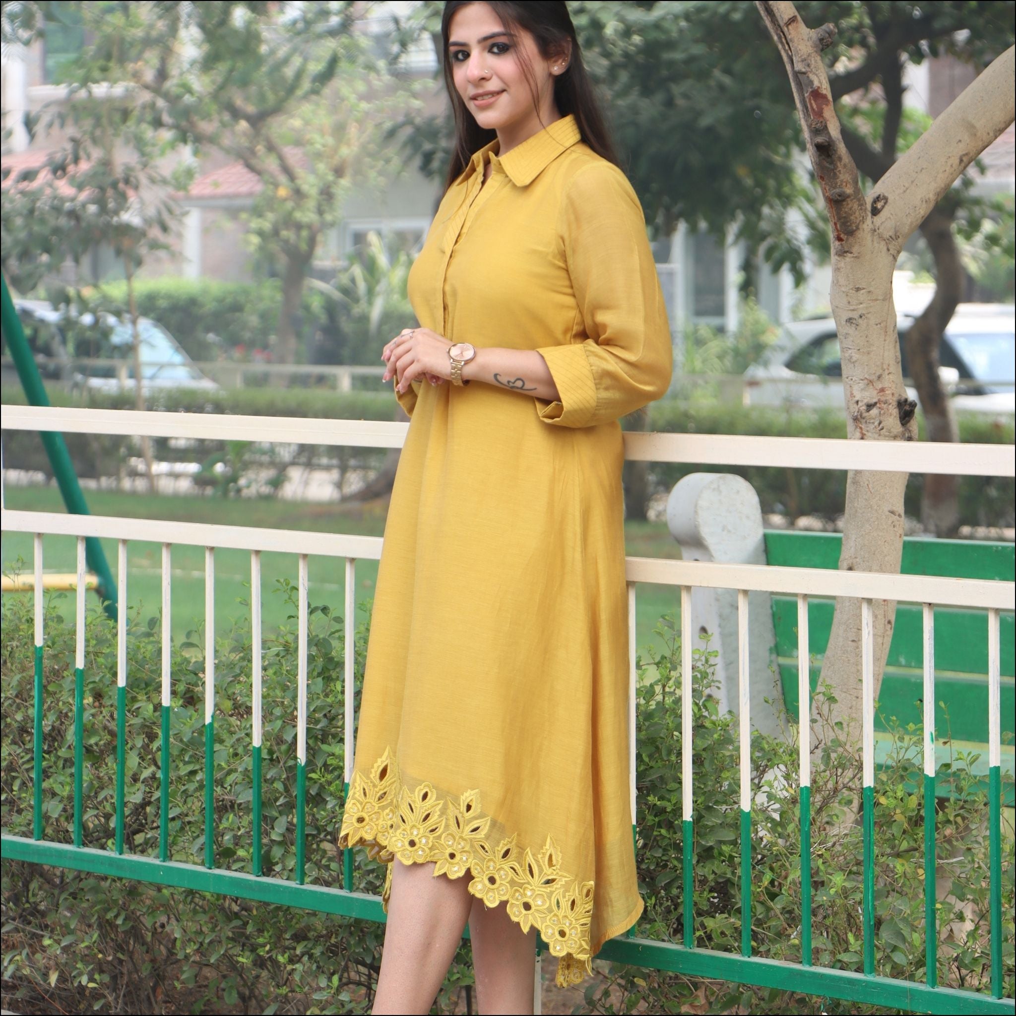 Mustard C Cut Mul Cotton Dress with Collar & Mirror Work