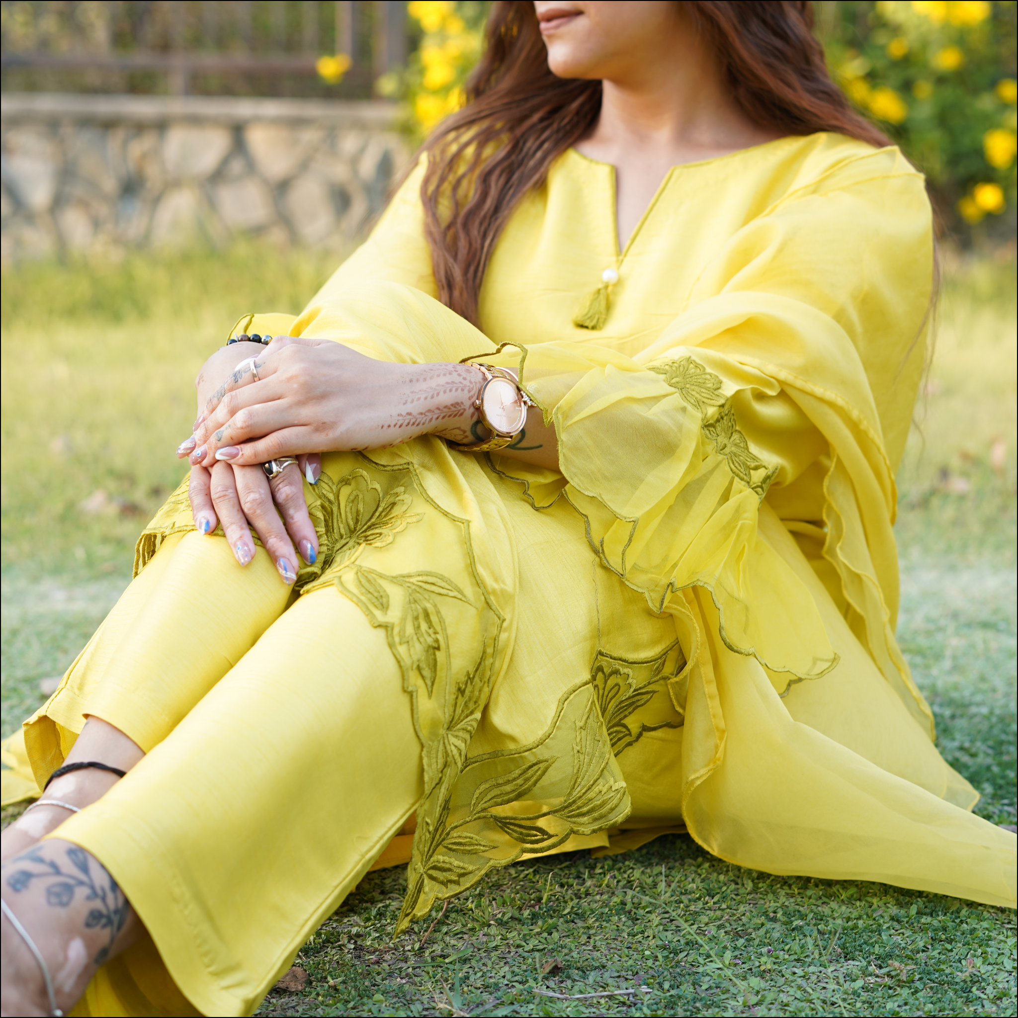 Dupion Silk Suit Set with Embroidered Organza & Ruffled Dupatta