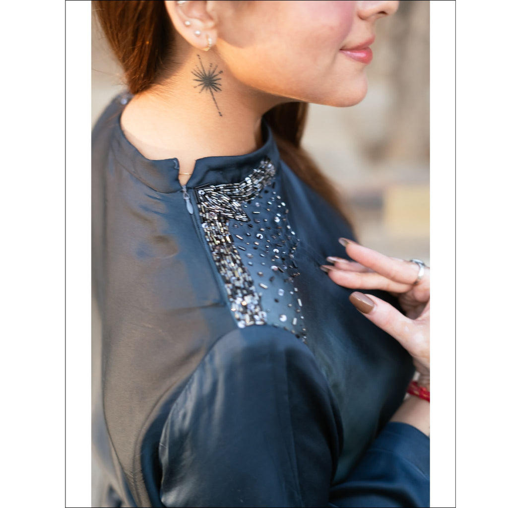 Blue Ombre Modal Silk Indo Western Gown with Handwork Belt