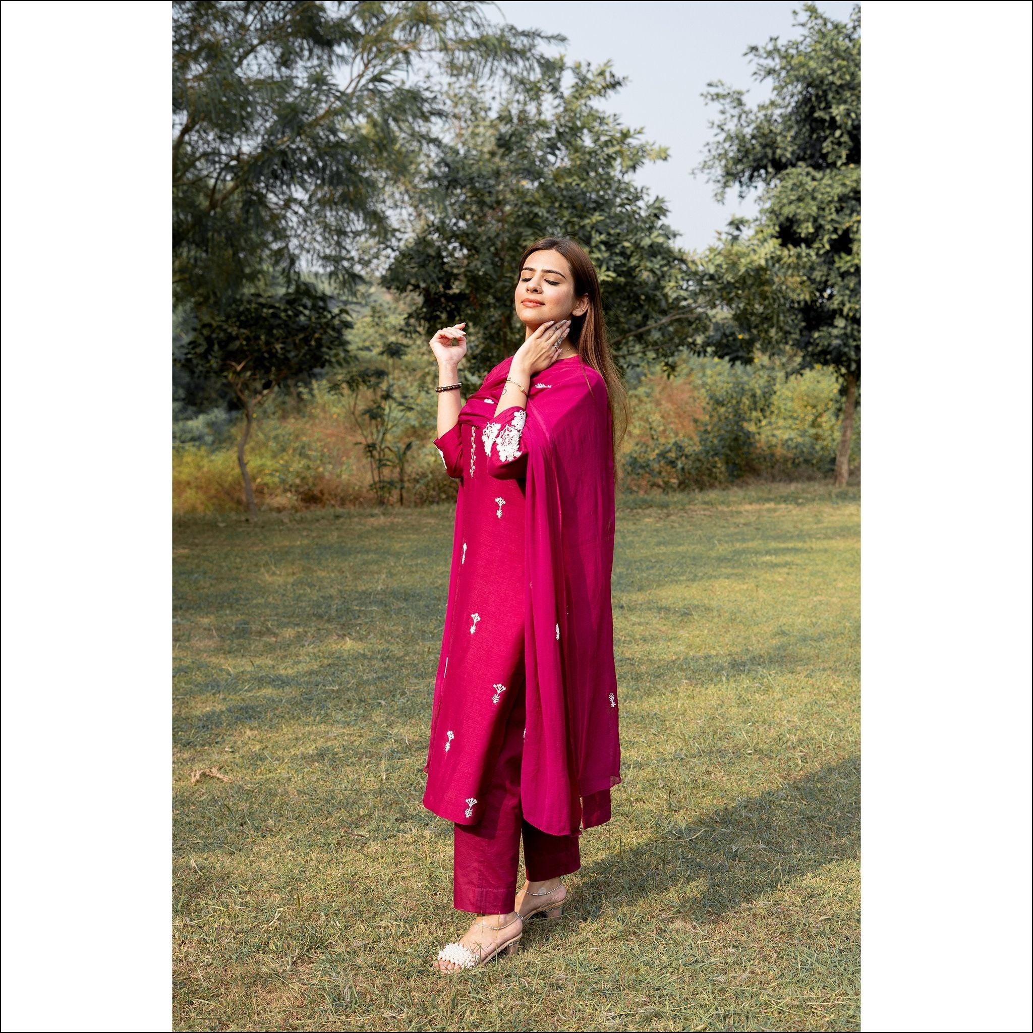 Magenta Dupian Silk Suit with Pearl Handwork & Embroidered Dupatta