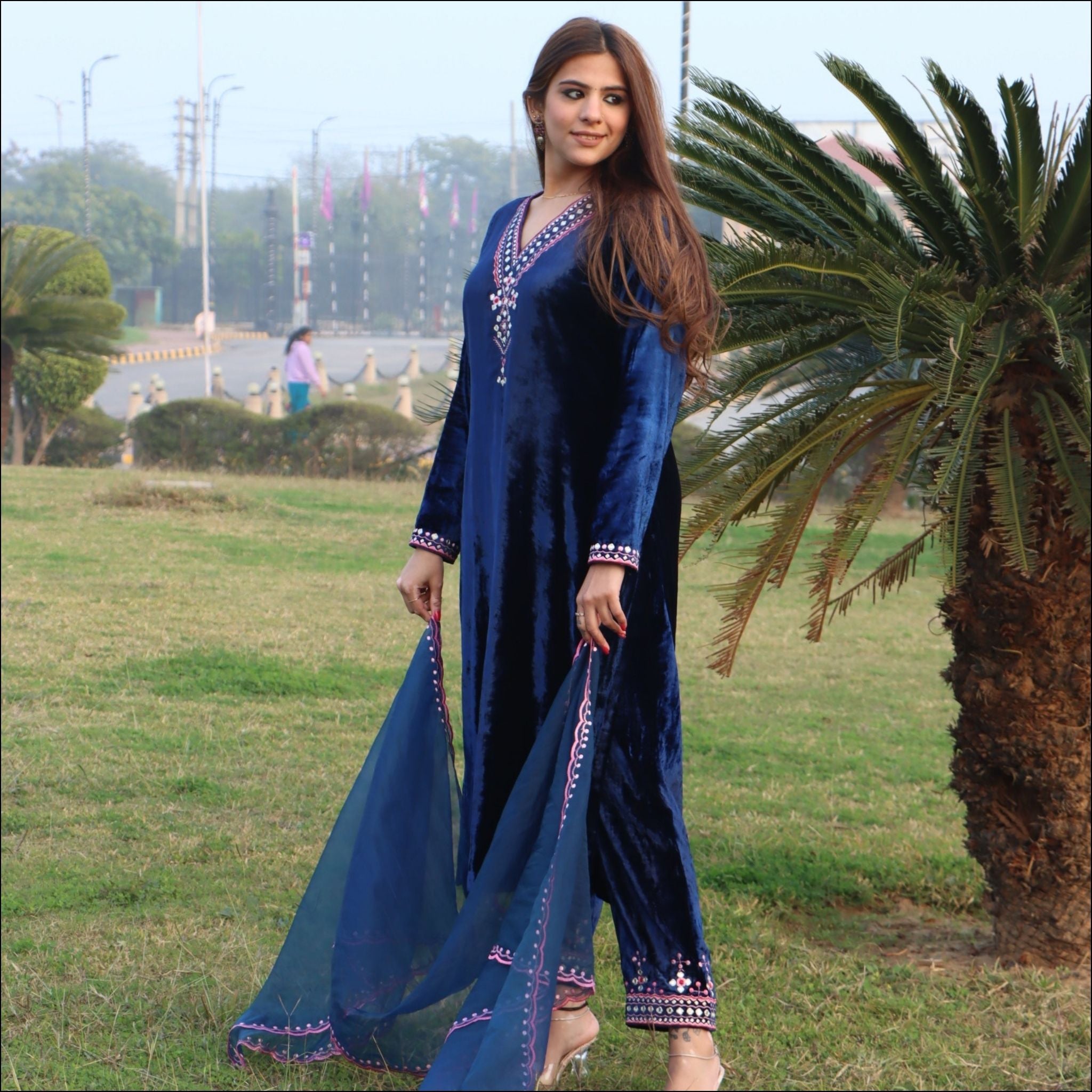 Blue Velvet Kurti Pant Set with Embroidered Organza Dupatta