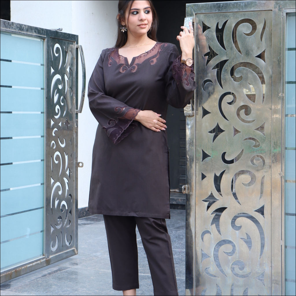 Brown Blue Maroon Wine Spun Co-ord Set with Organza Bell Sleeves