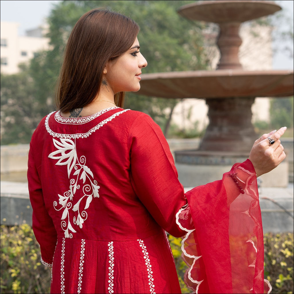 Red Silk Anarkali with Dori Work & Organza Dupatta
