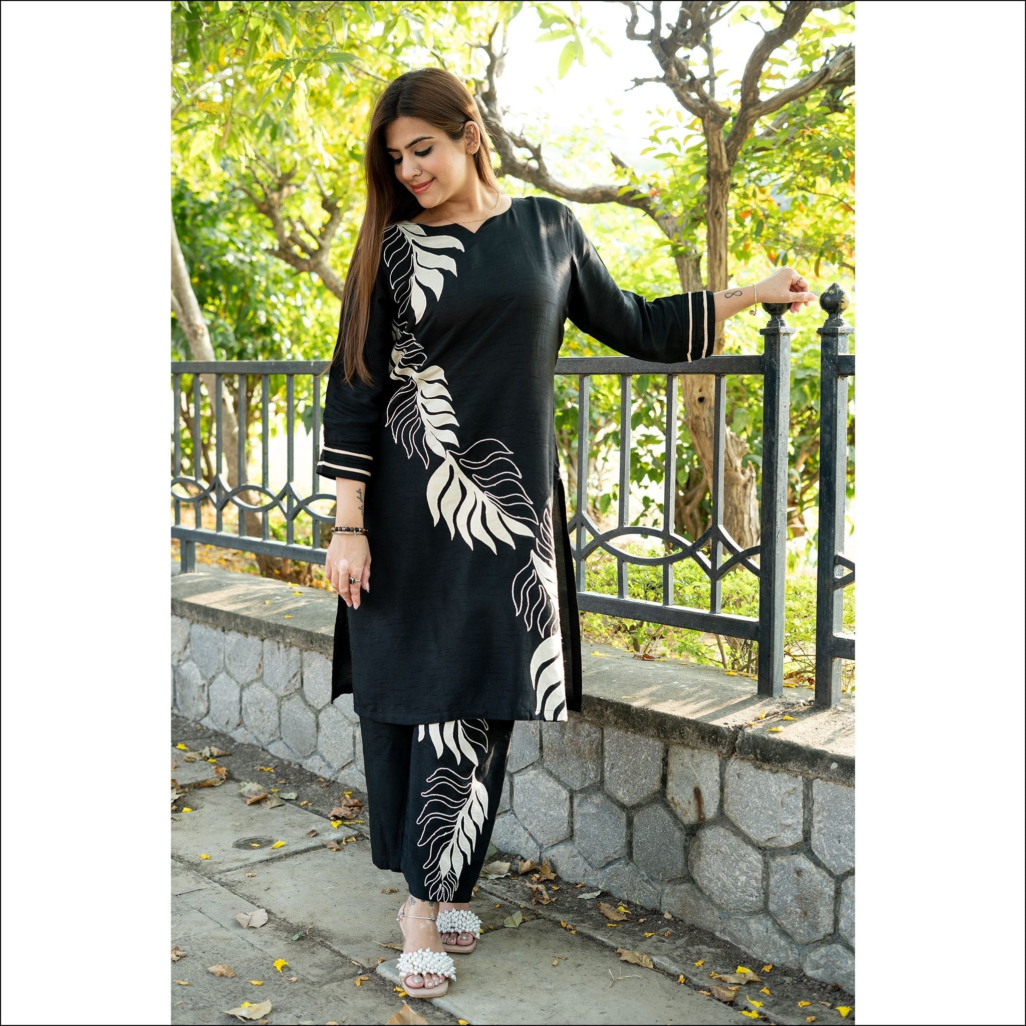 Red Black Dupian Silk Kurti Pant Set with Applique Work