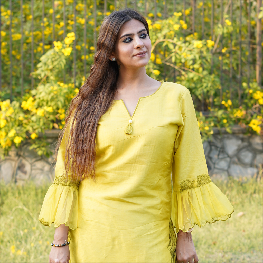 Dupion Silk Suit Set with Embroidered Organza & Ruffled Dupatta