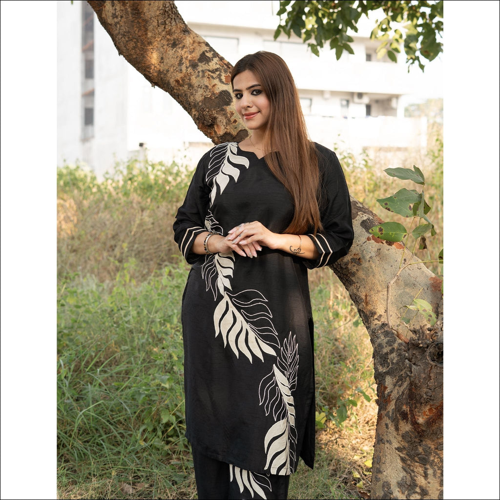 Red Black Dupian Silk Kurti Pant Set with Applique Work
