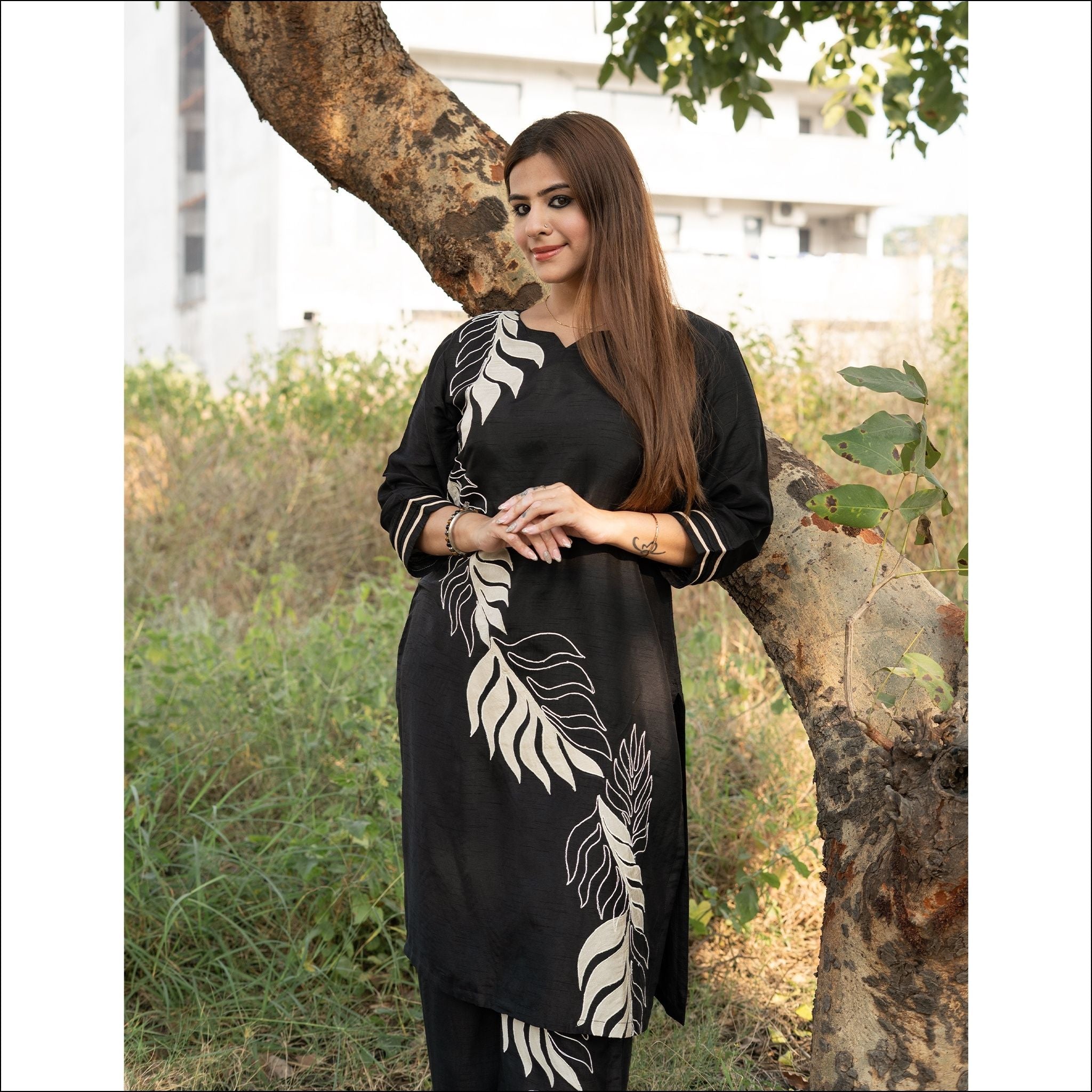 Red Black Dupian Silk Kurti Pant Set with Applique Work