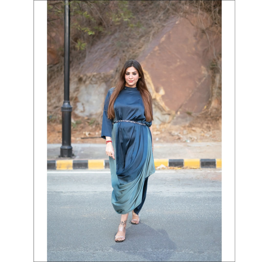 Blue Ombre Modal Silk Indo Western Gown with Handwork Belt