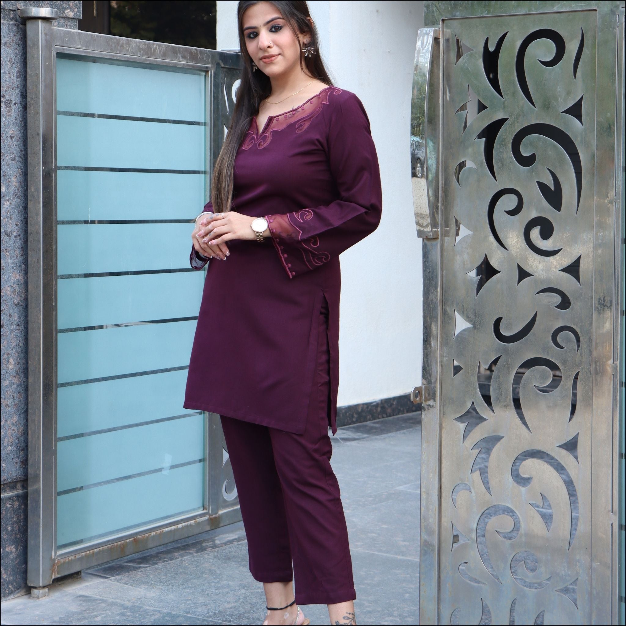 Brown Blue Maroon Wine Spun Co-ord Set with Organza Bell Sleeves