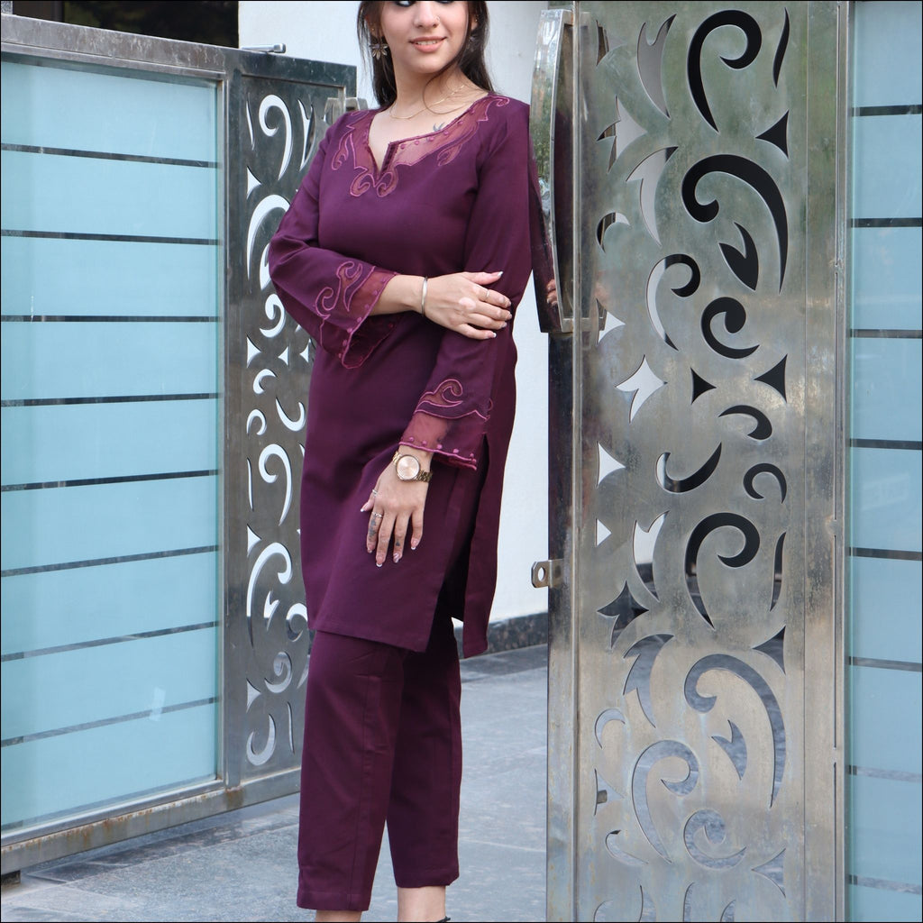 Brown Blue Maroon Wine Spun Co-ord Set with Organza Bell Sleeves