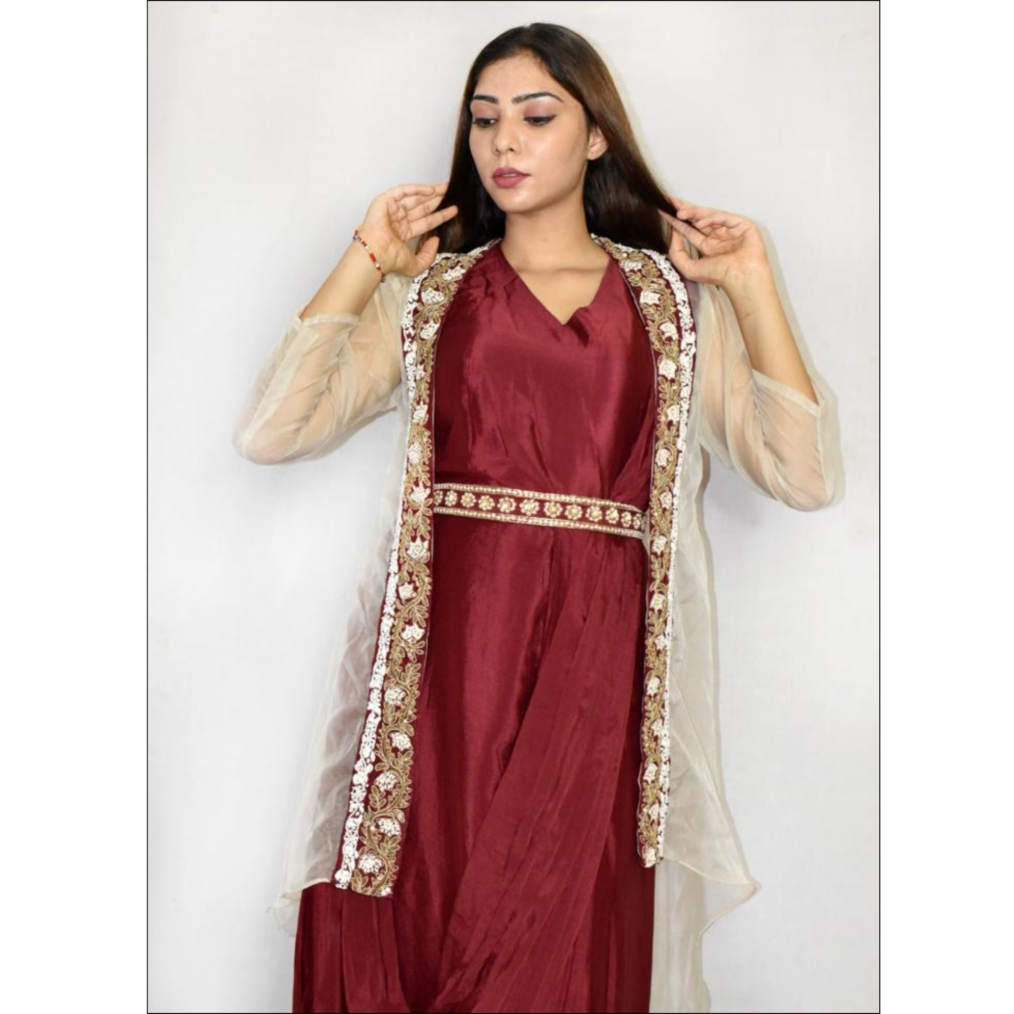 Maroon Chinon Drape Gown with Organza Shrug & Handwork Belt