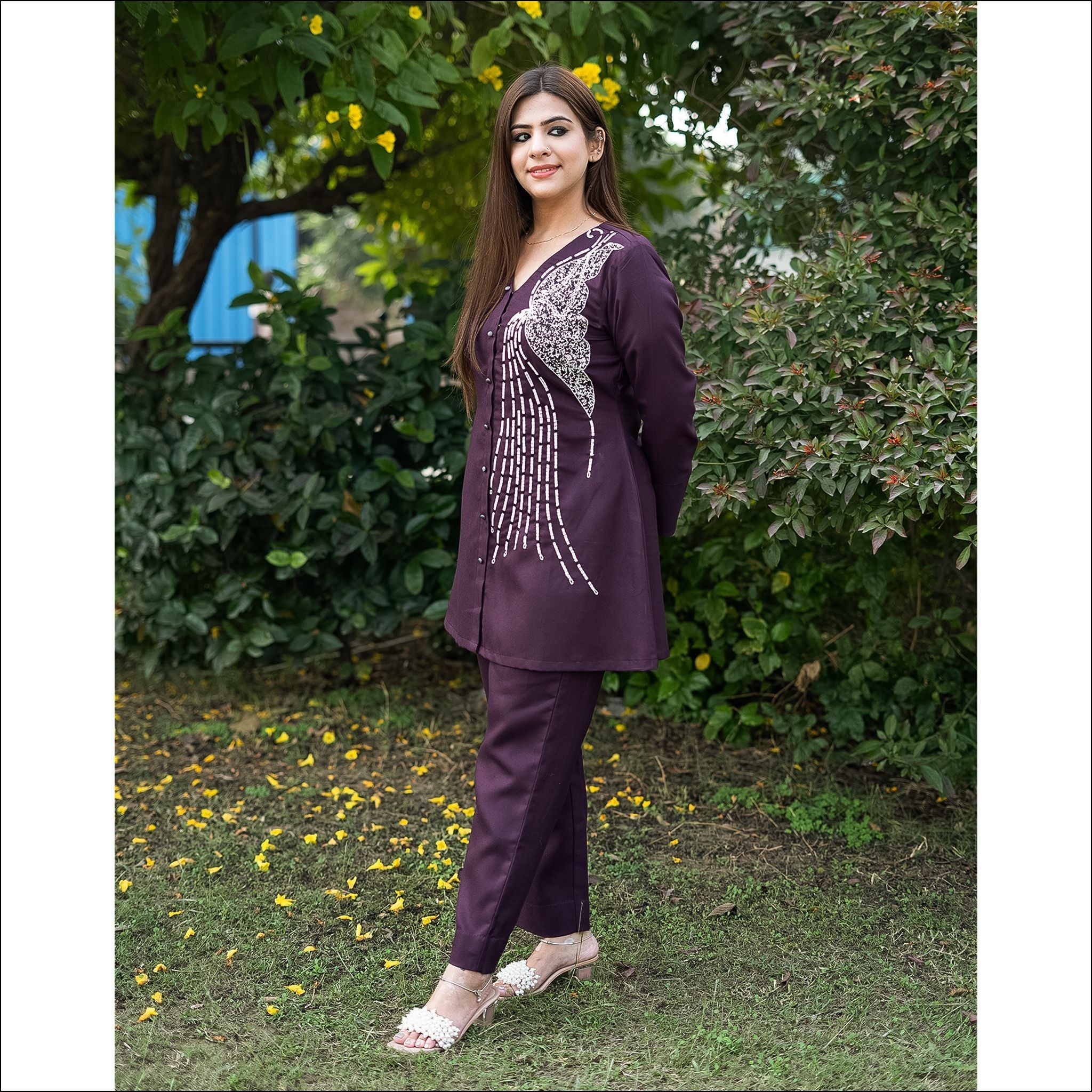 Wine Spun Co-ord Set with Handwork & V-Neck